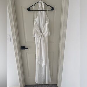 Blue Blush White Backless Halter Bow Maxi Dress